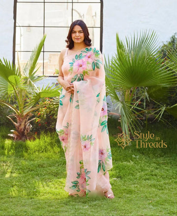 Floral Blossom Peach Soft Organza Silk Saree