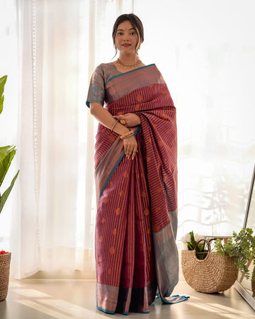 Maroon Kanjiwaram Hand Woven Copper Zari Silk Saree