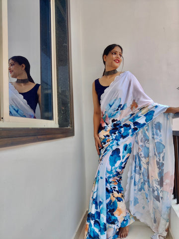 Ivory White Blue Saree