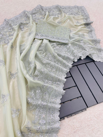 Green Soft Satin Organza Saree