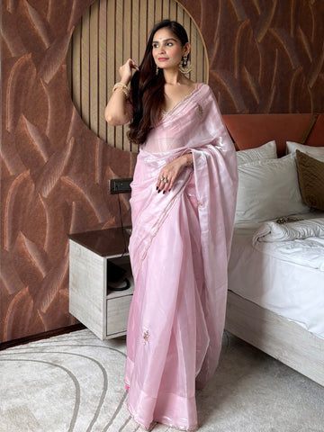 "Adhira" Satin Organza Saree with hand woven embroidered blouse