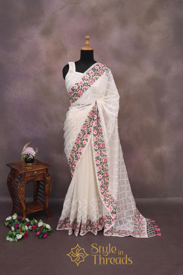 Purity of White Elegance Organza Chikankari Saree