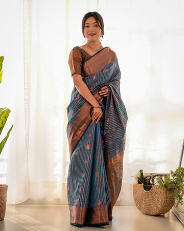 Blue Kanjiwaram Hand Woven Copper Zari Silk Saree