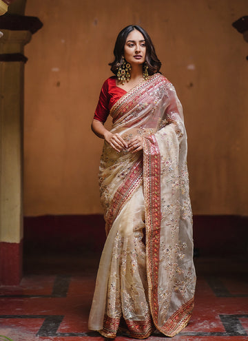 Creme Gold Organza Embroidered Saree