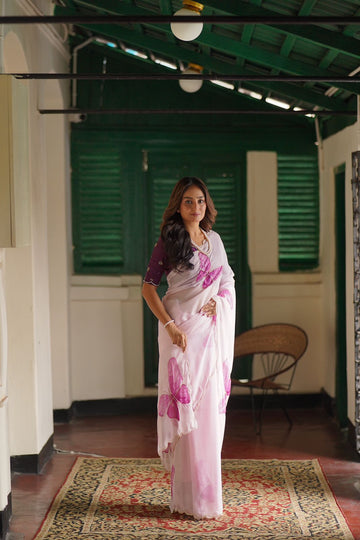 Pink Soft Organza Hand Embroidered Saree