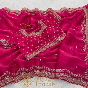 Exquisite Pink Soft Shimmer Satin Organza Silk Saree with stitched blouse