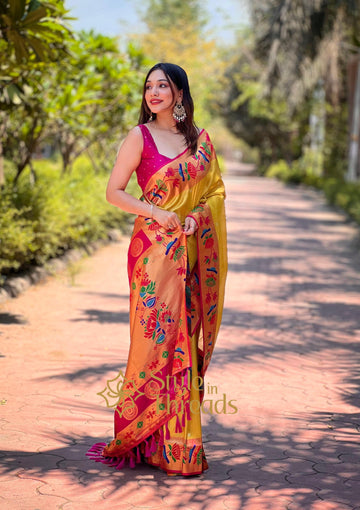 Orange Tissue Soft Banarsi Silk Paithani Hand woven Saree