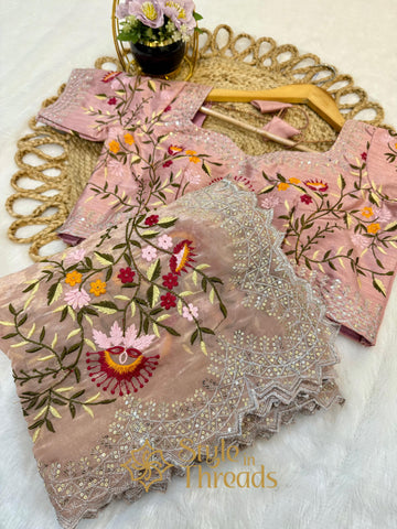Floral Elite Rosewood Soft Satin Shimmer Organza Saree with a fully embroidered floral motifs Readymade blouse