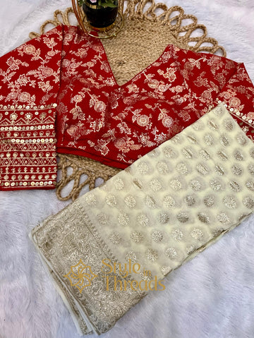 Bisque Gold banarsi woven Georgette saree with brocade stitched blouse