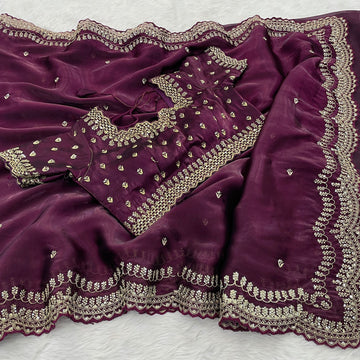 Exquisite Wine Soft Shimmer Satin Organza Silk Saree with stitched blouse