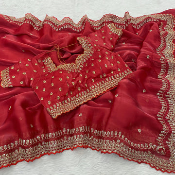 Exquisite Red Soft Shimmer Satin Organza Silk Saree with stitched blouse