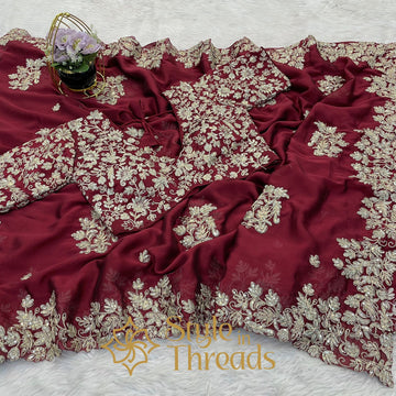 Wedding Saga Soft Silk Red embellished Saree