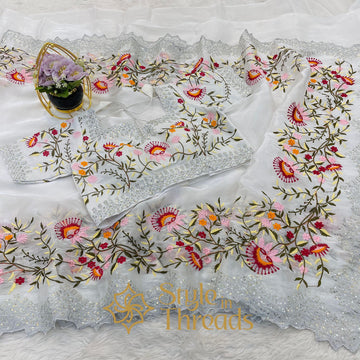 Aesthetic White Soft Shimmer Satin Organza Silk Saree with fully embroidered Stitched blouse