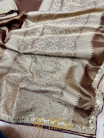 Gold Dusted Bisque Brown Hand woven Tissue Soft Silk Saree
