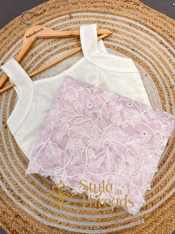 Blush Rose Pink Organza Silk Lucknowi style flower delicately embroidered Saree