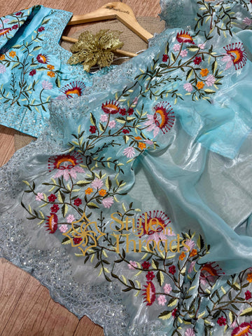 Serene Blue Soft Satin Organza Silk Saree with fully embroidered Stitched blouse