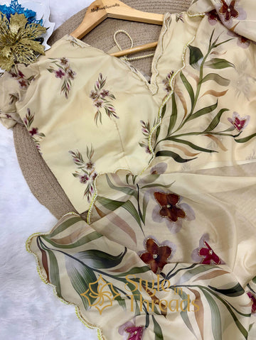 Beige Floral printed and Hand work embroidered Soft Organza Silk Saree