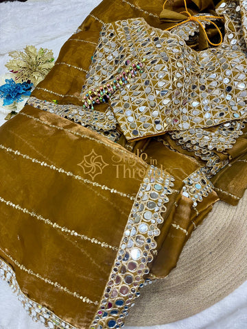 "Kiyana" Soft Satin Organza Silk Saree with fully stitched mirror work Embroidery blouse
