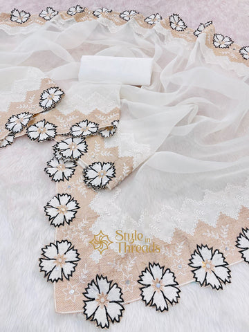 "Ivory white floral green" Soft Organza Saree