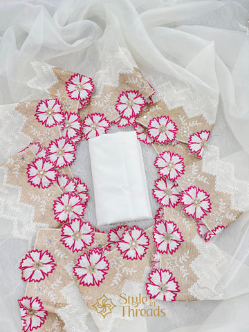"Ivory white floral pink" Soft Organza Saree