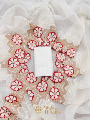 "Ivory white floral red" Soft Organza Saree