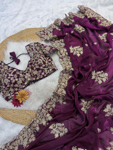 "Mihika" Soft Satin Saree with fully embroidered Stitched blouse