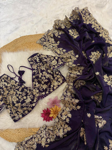 "Kyra" Soft Satin Saree with fully embroidered Stitched blouse