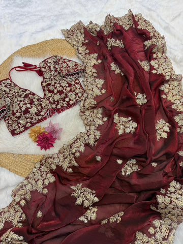 "Maahiya" Soft Satin Saree with fully embroidered Stitched blouse