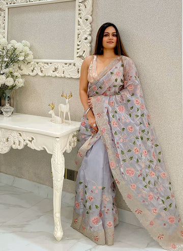 Grey Soft Satin Organza Saree