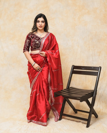 Red Soft Satin Organza Saree