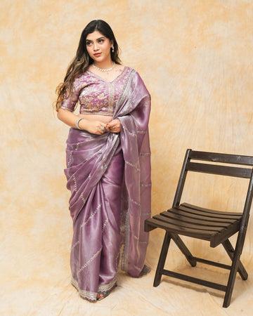 Lilac Mauve Soft Satin Organza Saree