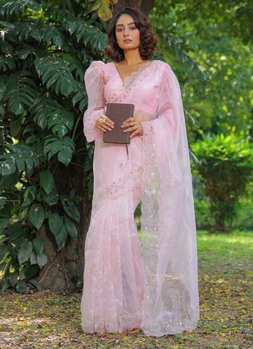Rose Pink Hand Work Organza Saree