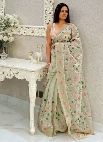 Green Soft Satin Organza Saree
