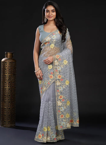 Silverish Grey Organza Saree