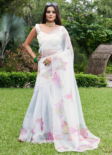 Ivory White Organza Lilac Saree