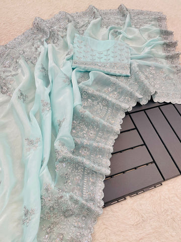Sky Blue Soft Satin Organza Saree