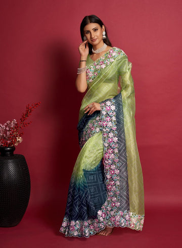 Apple green and Greyish Blue Saree
