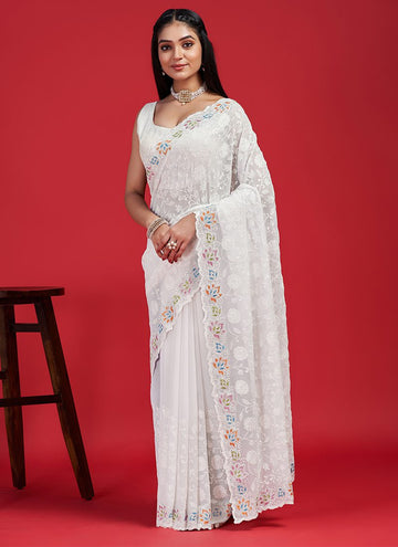 Ivory White Georgette Saree
