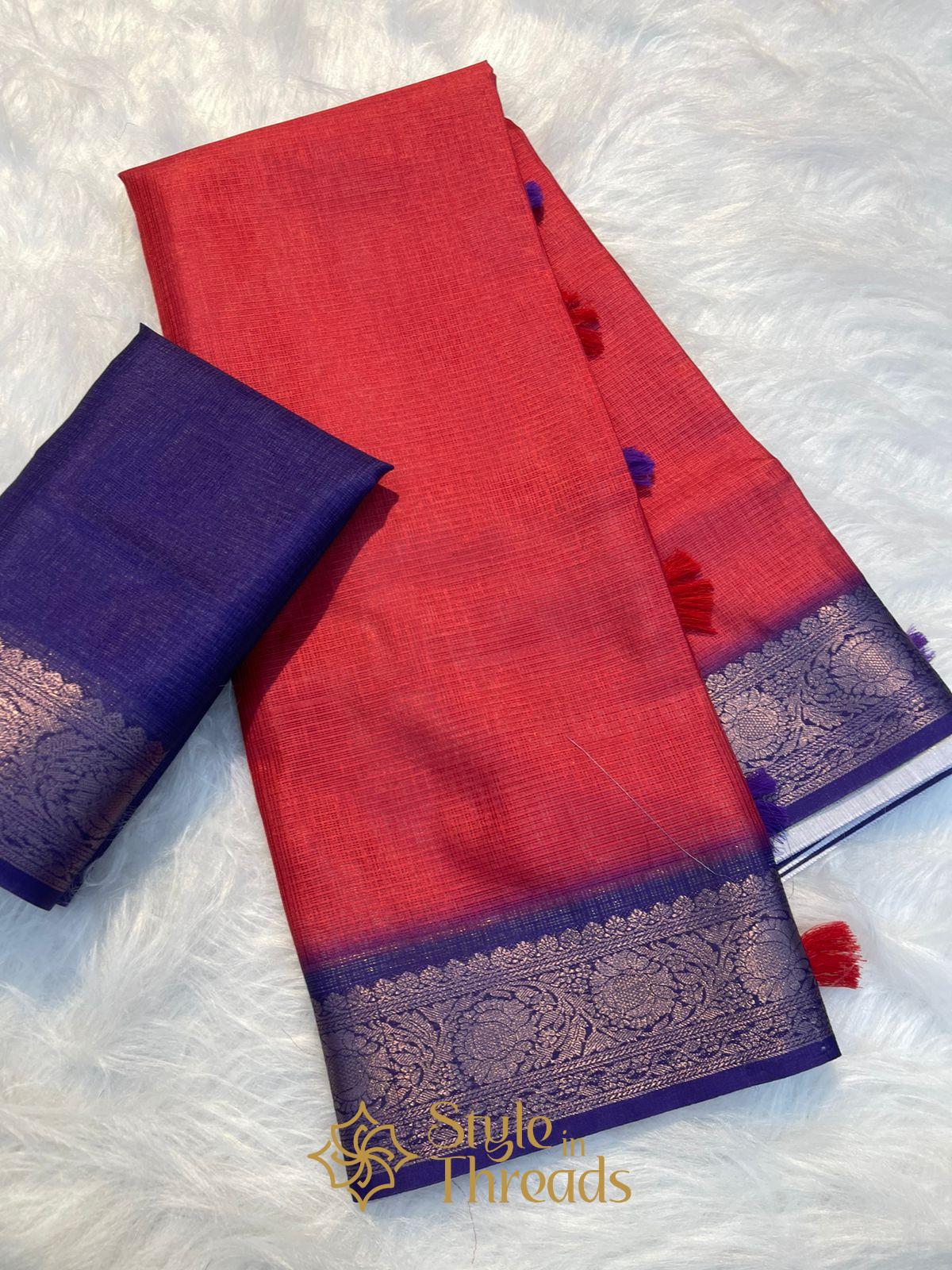 Classic Red contrast Kota Silk Handwoven Silk Saree