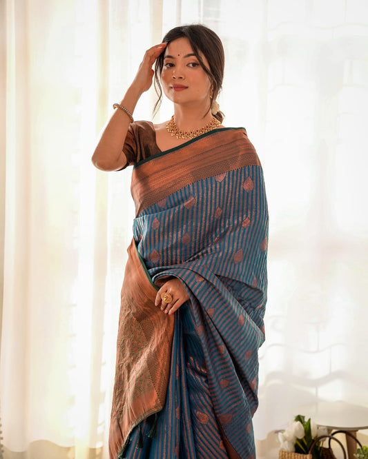 Blue Kanjiwaram Hand Woven Copper Zari Silk Saree