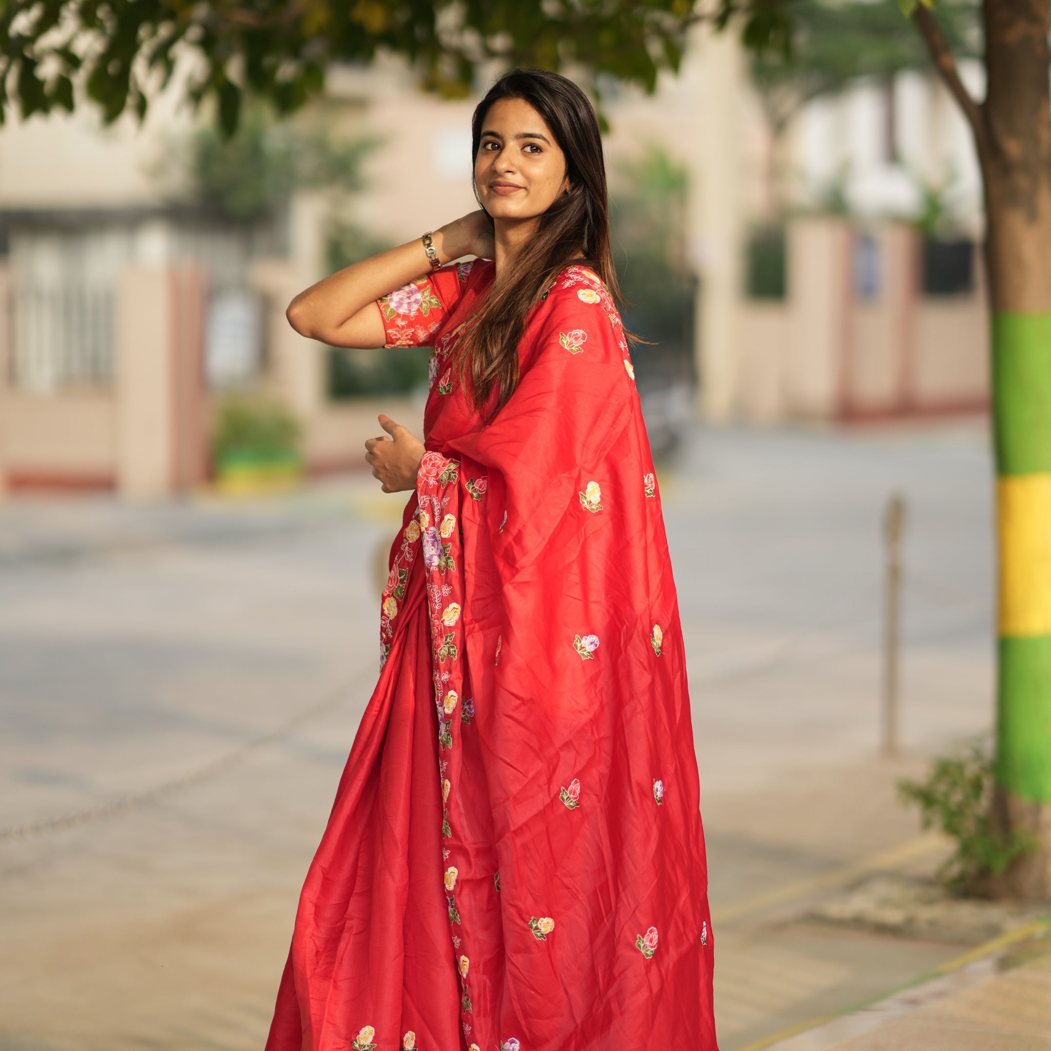 Sneha Red Tussar Silk multicolour floral threads crafted Saree