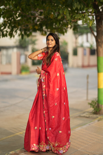 Sneha Red Tussar Silk multicolour floral threads crafted Saree