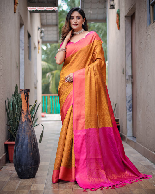 Orange Pink Kanjiwaram Silk Copper Zari Weaved Saree