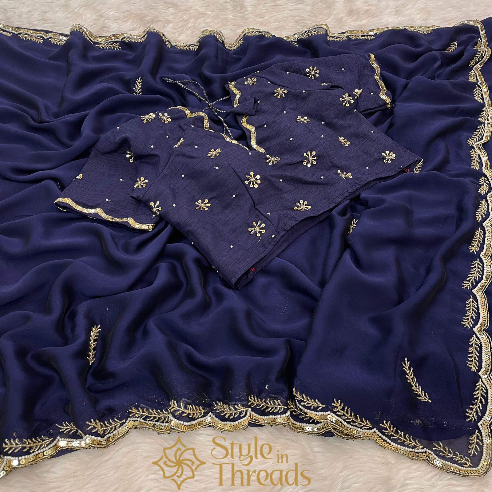 Blue Soft Silk Hand Embroidered Saree