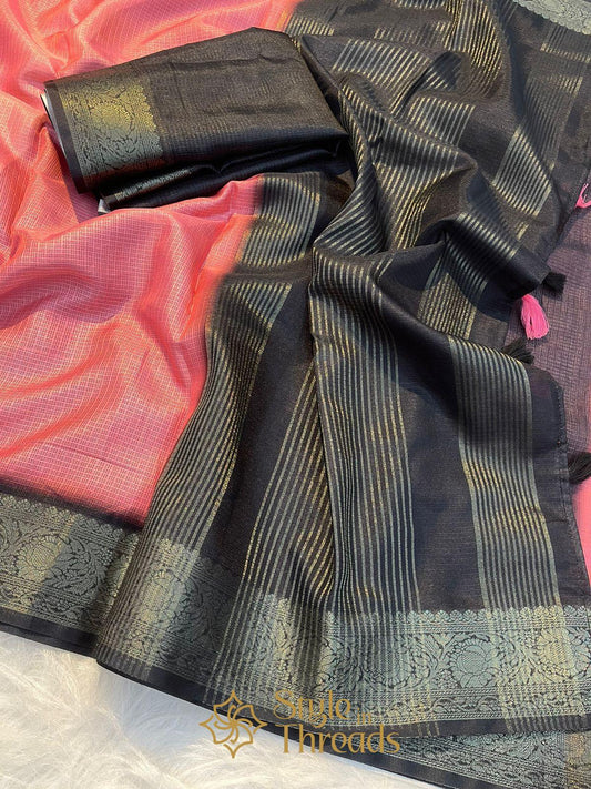 Classic Contrast Pink Kota Hand Woven Silk Saree