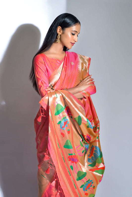 Pink Dual Tone Soft Paithani Silk Hand Woven Saree
