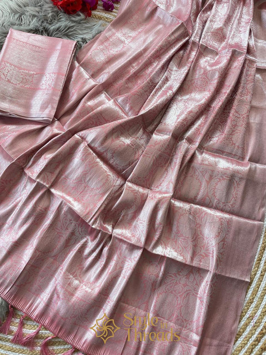 Blust Rose Pink Banarsi Soft Hand Crafted Silk Saree