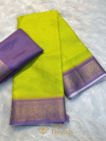 Classic Contrast  Lemon  Kota Hand Woven Silk Saree