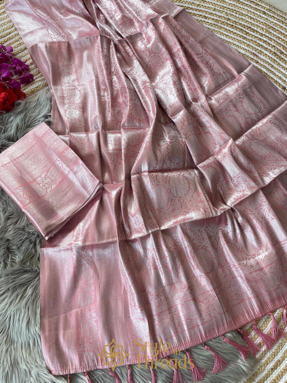 Blust Rose Pink Banarsi Soft Hand Crafted Silk Saree