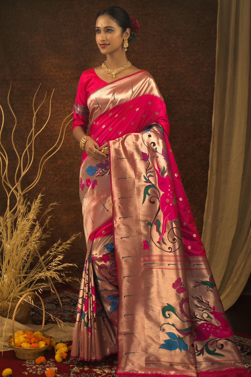Pink Soft Banarsi Silk Paithani hand woven Saree